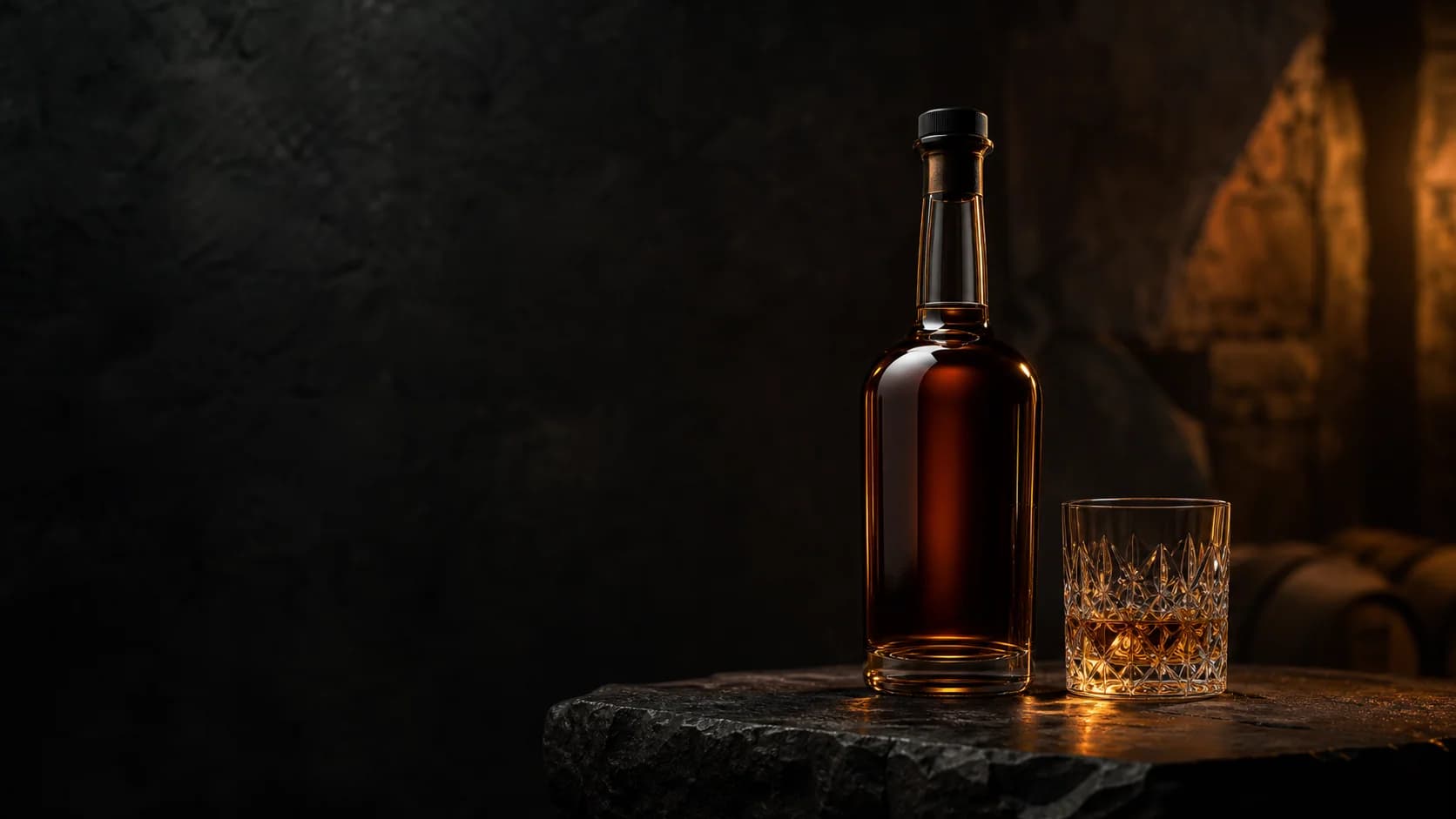 Bottiglia di distillato ambrato e bicchiere in una cantina scura