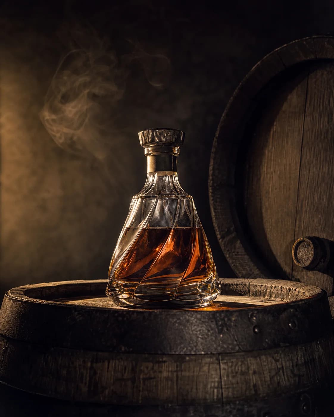 Decanter di whisky illuminato accanto a una botte in rovere