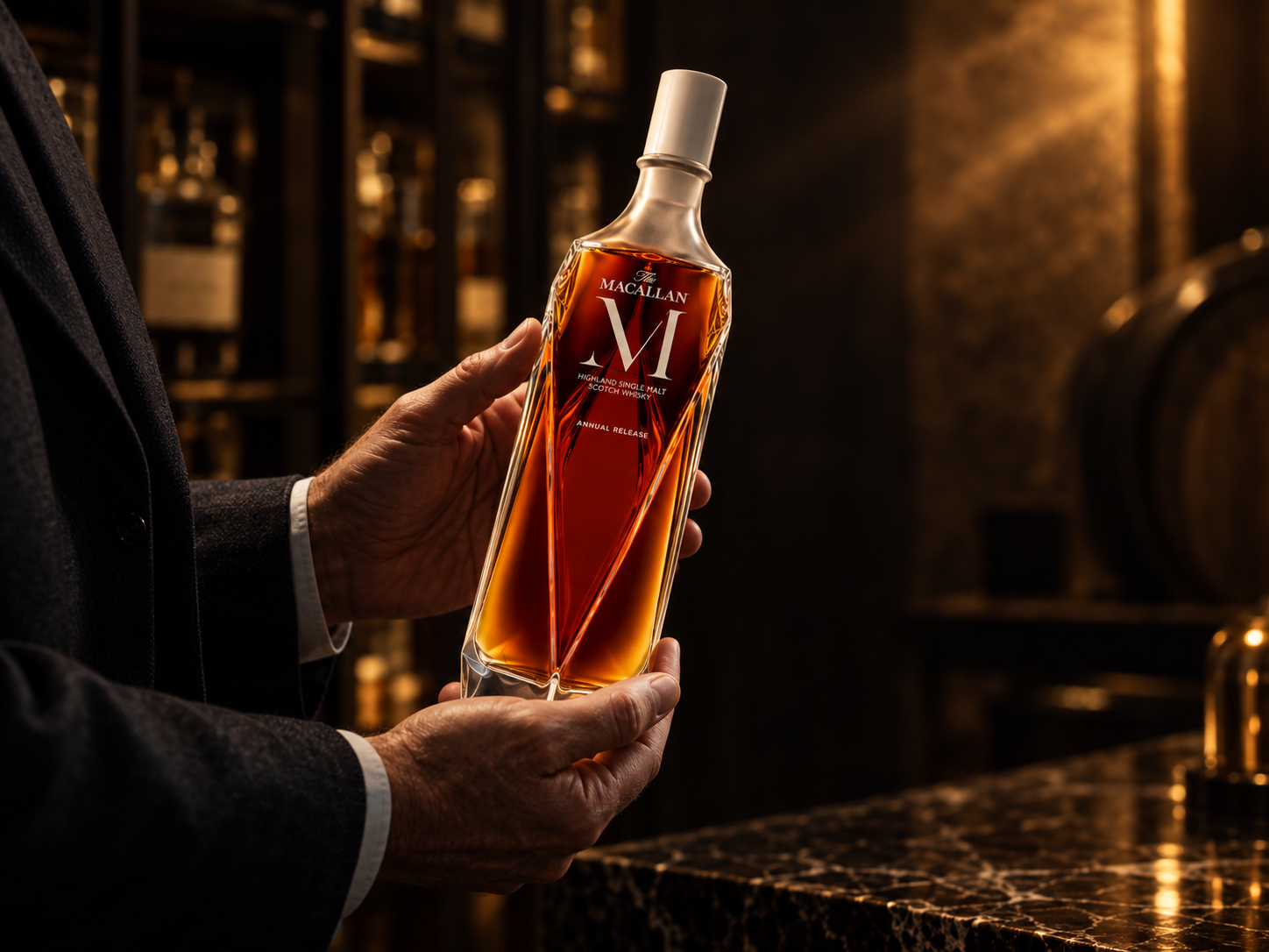 The Macallan M tenuto in mano durante la selezione in cantina