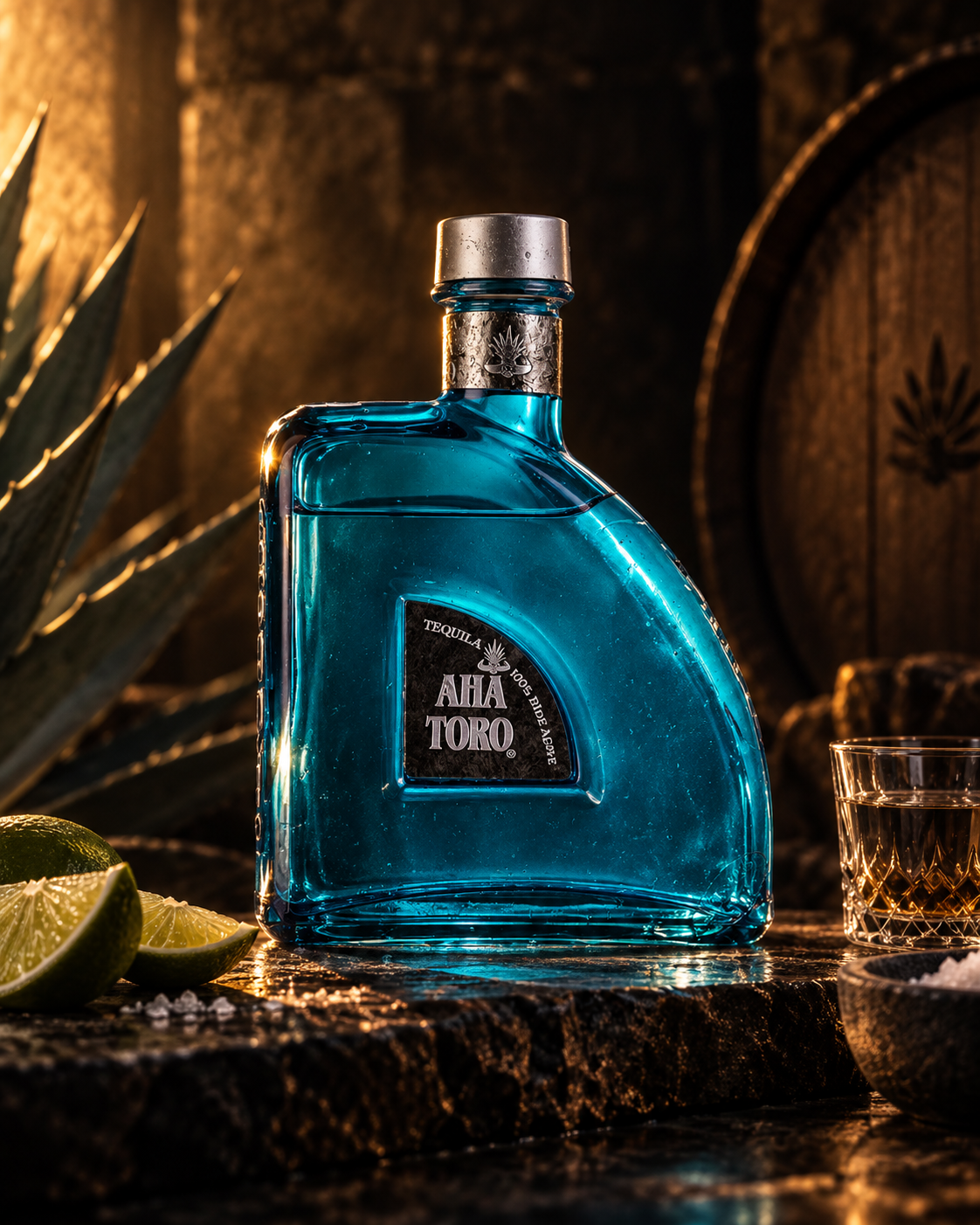 Tequila Aha Toro in una scenografia scura dedicata all'agave